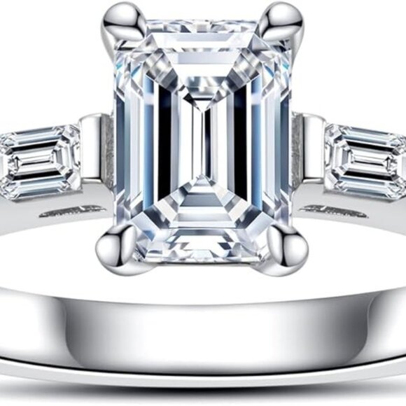 1.2cttw Emerald Cut Moissanites 3 stone D Color VVS1 Clarity Engagement Ring - Picture 2 of 6